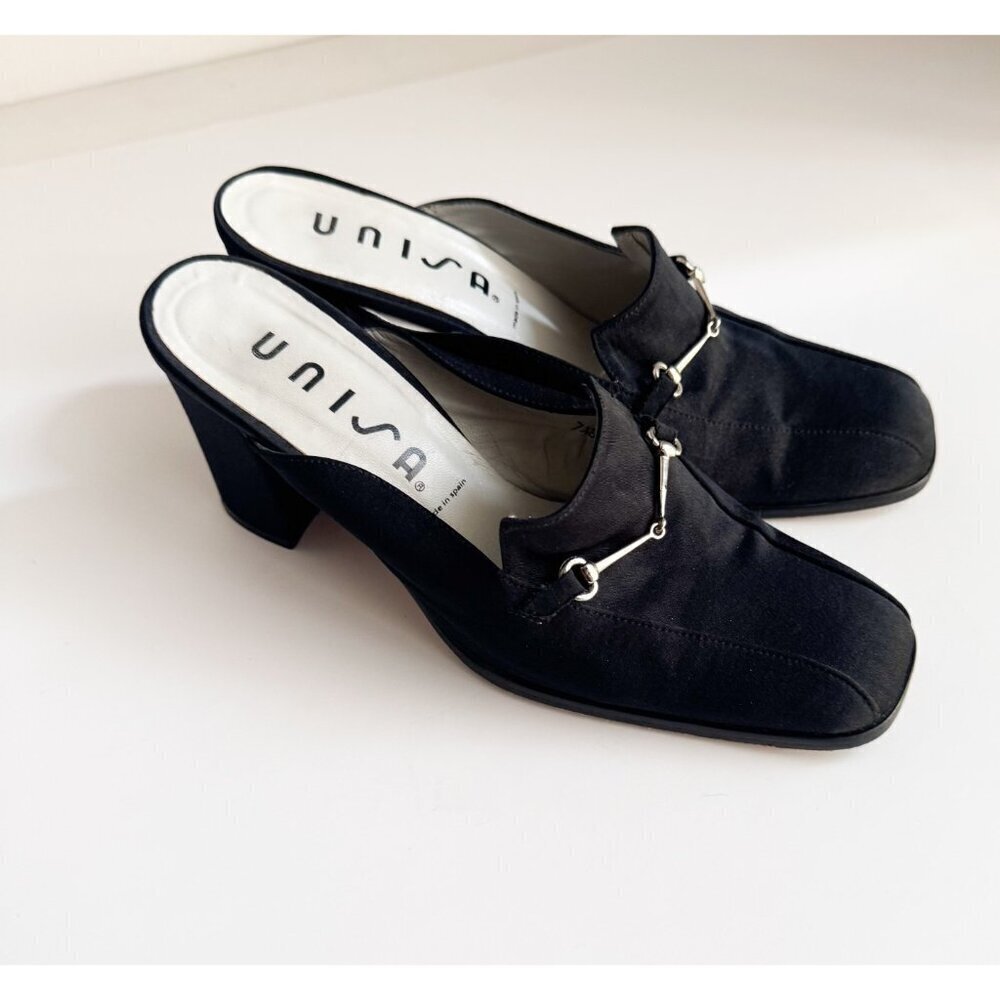 Vintage Unisa Black Satin Horsebit Detail Block Heel Slides 7.5B - Picture 1 of 10